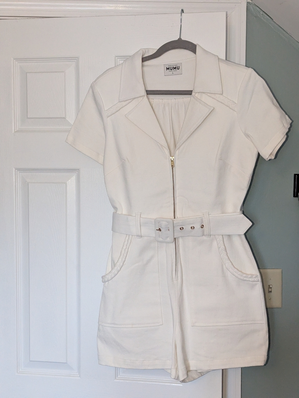 Show Me Your Mumu White Stretch Denim "Outlaw" Short Sleeve Zip Romper with Belt